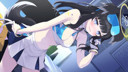  animal_ears bare_shoulders black_hair blue_archive blue_eyes blunt_bangs blush bracelet breasts cheerleader cleavage cowboy_shot crop_top dog_ears dog_girl dog_tail eyewear_on_head female gloves goggles goggles_on_head halo hibiki_(blue_archive) hibiki_(cheer_squad)_(blue_archive) indoors jewelry long_hair looking_at_viewer medium_breasts midriff millennium_cheerleader_outfit_(blue_archive) miniskirt navel official_alternate_costume open_mouth pleated_skirt pom_pom_(cheerleading) race_queen sasahara_wakaba skirt solo stomach tail very_long_hair white_skirt 