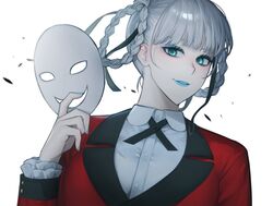  absurdres bad_id bad_twitter_id bamme_o3o black_ribbon braid braided_hair_rings collared_shirt commentary dress_shirt female frills grey_eyes hair_ribbon highres holding holding_mask hyakkaou_academy_school_uniform jacket kakegurui lipstick long_sleeves looking_at_viewer makeup mask momobami_kirari red_jacket ribbon school_uniform shirt short_hair simple_background smile solo symbol-only_commentary teeth upper_body white_background 