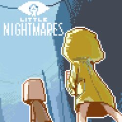  1boy bag bag_over_head barefoot blue_background brown_jacket commentary female from_behind guest_(my_name_is_guest) highres hood hood_up jacket little_nightmares little_nightmares_ii logo long_sleeves mono_(little_nightmares) no_pants paper_bag pixel_art raincoat six_(little_nightmares) yellow_raincoat 