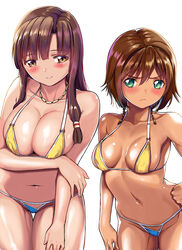  2girls amy_(suisei_no_gargantia) bikini black_hair blush breasts brown_eyes brown_hair cleavage closed_mouth collarbone green_eyes jewelry l96_(chinhauming) large_breasts long_hair micro_bikini multiple_girls navel necklace saaya_(suisei_no_gargantia) short_hair simple_background smile suisei_no_gargantia swimsuit white_background 