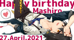  1boy black_hair dated hair_between_eyes hair_ornament hairclip happy_birthday looking_at_viewer lying male_focus mashiro_meme mashiro_meme_(1st_costume) nijisanji no_shoes on_back sleeves_pushed_up smile tarachine virtual_youtuber yellow_eyes 