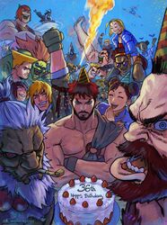  6+boys 6+girls a.k.i._(street_fighter) ahoge akuma_(street_fighter) anniversary antenna_hair arm_around_shoulder arm_up beads beard bird birthday_cake black_choker black_hair black_pants blanka blanka-chan blonde_hair blue_background blue_bodysuit blue_eyes blue_jacket blue_shirt bodysuit bow_hairband braid breath_weapon breathing_fire brown_eyes brown_hair brown_jacket cake cammy_white carrying chain_necklace chains character_doll chest_hair chinese_clothes choker chun-li claw_(weapon) clenched_hand closed_eyes collar_grab collared_shirt colored_skin commentary cone_hair_bun confetti dark-skinned_female dark-skinned_male dark_skin dee_jay derivative_work dhalsim double_bun dougi earrings ed_(street_fighter) edmond_honda english_commentary everyone facepaint facial_hair fingerless_gloves fire flattop food fringe_trim gloves gold_chain gold_trim green_skin guile hair_bun hair_over_one_eye hairband happy_birthday hat headband headphones high_braid highres huge_ahoge jacket jamie_siu jewelry jp_(street_fighter) juri_han ken_masters kimberly_jackson laughing lily_hawk long_beard looking_at_viewer luke_sullivan manon_legrand marisa_(street_fighter) martial_arts_belt mohawk multiple_boys multiple_girls muscular muscular_female muscular_male nail_polish necklace necktie open_mouth orange_hair own_hands_together pants party_hat party_horn pectorals pink_hair prayer_beads purple_eyes rashid_(street_fighter) red_eyes red_gloves red_hair red_headband red_shirt rivalry ryu_(street_fighter) scar scar_across_eye scar_on_face shaded_face shirt short_hair short_hair_with_long_locks shoulder_carry shouting sleeves_rolled_up smile street_fighter street_fighter_6 stud_earrings sunglasses tassel tassel_earrings thick_eyebrows topknot topless_male twitter_username vest wallace_pires weapon white_hair yellow_jacket zangief 