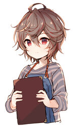  aged_down ahoge brown_hair closed_mouth commentary_request cropped_torso female granblue_fantasy hair_between_eyes holding long_sleeves meito_(maze) official_alternate_costume overalls red_eyes sandalphon_(granblue_fantasy) sandalphon_(server_of_a_sublime_brew)_(granblue_fantasy) shirt short_hair simple_background solo striped_clothes striped_shirt upper_body white_background 