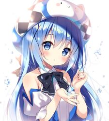  bad_id bad_twitter_id bare_shoulders black_neckwear blue_eyes blue_hair blurry blush bow detached_sleeves dress female futaba_miwa gochuumon_wa_usagi_desu_ka? hair_between_eyes hair_ornament hands_up hat kafuu_chino long_hair looking_at_viewer parted_lips puffy_detached_sleeves puffy_sleeves sleeveless sleeveless_dress solo white_background white_dress white_hat x_hair_ornament 