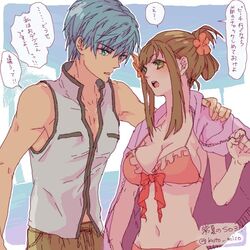  1boy blue_eyes blue_hair breasts brown_hair commentary_request fayt_leingod female flower green_eyes hair_flower hair_ornament koto_(artr) long_hair navel open_mouth palm_tree protected_link sophia_esteed star_ocean star_ocean_anamnesis star_ocean_till_the_end_of_time swimsuit translation_request tree twitter_username 