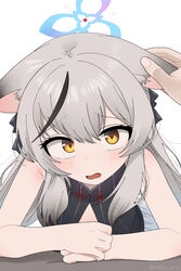  1other animal_ears bare_shoulders blue_archive blush breasts female grey_hair halo highres kokona_(blue_archive) long_hair looking_at_viewer nakta open_mouth pov simple_background sleeveless tears white_background yellow_eyes 