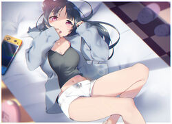  :o bare_legs bed bed_sheet black_hair black_shirt black_tank_top blue_hair blunt_bangs blush bow breasts checkered_floor cleavage collarbone commentary covering_own_mouth dark_blue_hair feet_out_of_frame female from_above game_console grey_jacket hair_bun hand_over_own_mouth hand_to_own_mouth hands_up highres hood hood_down hooded_jacket hoodie indoors jacket long_hair long_sleeves looking_at_viewer love_live! love_live!_sunshine!! lying medium_breasts navel nintendo_switch on_back on_bed open_clothes open_jacket open_mouth parted_bangs pillow purple_eyes purple_jacket red_eyes shirt short_shorts shorts single_hair_bun single_side_bun slippers solo tank_top teeth tsushima_yoshiko unworn_slippers upper_teeth_only white_bow white_shorts yamaori_(yamaorimon) yawning 