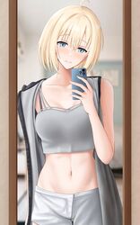  ahoge azur_lane bataan_(azur_lane) blonde_hair blue_eyes blush camisole cellphone crop_top female grey_camisole grey_shorts head_tilt highres holding holding_phone indoors jakqbigone looking_at_viewer midriff navel phone selfie short_hair short_shorts shorts single_bare_shoulder smartphone solo stomach upper_body 