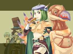  1boy 2girls animal armor bird blue_cape blue_hair boobplate brown_cape brown_eyes brown_hair brown_headwear brown_legwear brown_skirt cape coat commentary_request cowboy_shot cross eating flat_cap food gauntlets green_cape green_hair hat high_priest_(ragnarok_online) holding holding_food leg_armor long_hair long_sleeves looking_at_another looking_at_viewer mask multicolored_coat multiple_girls navel nyt_(1-0-z) open_mouth oversized_animal paladin_(ragnarok_online) pauldrons peco_peco ragnarok_online red-framed_eyewear red_coat sandwich short_hair shoulder_armor skirt solo_focus striped_clothes striped_headwear thighhighs top_hat two-tone_coat waist_cape white_coat 