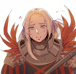  armor blood commentary edelgard_von_hresvelg english_commentary female fire_emblem fire_emblem:_three_houses flame_emperor hair_ribbon injury open_mouth purple_eyes ribbon simple_background solo spoilers upper_body white_background white_hair yukari_(bryleluansing) 