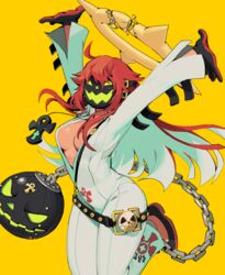  ankh ankh_necklace arms_up bad_id bad_twitter_id ball_and_chain_(weapon) ball_and_chain_restraint bell-bottoms belt black_footwear bodysuit breasts broken_halo collared_shirt female front_slit gloves glowing glowing_eyes glowing_mouth green_eyes grey_mask guilty_gear guilty_gear_strive hair_between_eyes halo jack-o&#039;_valentine jewelry lanyard long_sleeves mask medium_breasts pants pendant plunging_neckline pumpkin_mask red_footwear red_gloves shirt shoulder_belt simple_background solo sorrysap spiked_halo studded_belt too_many too_many_belts two-tone_footwear two-tone_gloves weapon white_bodysuit white_pants white_shirt yellow_background 