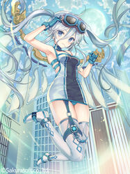  arm_up bad_id bad_pixiv_id blue_eyes blue_gloves blue_sky boots breasts building closed_mouth cloud cloudy_sky commentary_request day dress female full_(teikoku_senki) full_moon garter_straps gloves goggles goggles_on_head grey_dress grey_hair hair_between_eyes long_hair medium_breasts moon outdoors sky skyscraper sleeveless sleeveless_dress smile solo teikoku_senki thigh_boots thighhighs twintails very_long_hair watermark white_footwear white_thighhighs wings yuuki_rika 