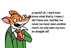  2023 aliasing anthro dialogue digital_media_(artwork) english_text eyewear fur geronimo_stilton geronimo_stilton_(series) glasses humor male mammal mouse murid murine necktie nervous nives orange_body orange_fur rodent simple_background solo stated_heterosexuality stated_sexuality text white_background white_body white_fur 