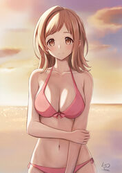  amano_kusatsu bare_arms bare_shoulders bikini blush bow breasts brown_eyes brown_hair cleavage closed_mouth collarbone cowboy_shot female front-tie_bikini_top front-tie_top halterneck hand_on_own_arm highres horizon idolmaster idolmaster_shiny_colors long_hair medium_breasts navel ocean orange_sky outdoors pink_bikini pink_bow sakuragi_mano side-tie_bikini_bottom signature sky smile solo stomach string_bikini sunlight swept_bangs swimsuit twilight water 