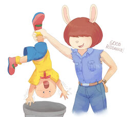  2021 age_difference anthro arthur_(series) bald belt black_eyes blue_bottomwear blue_clothing blue_jeans blue_pants blue_shirt blue_topwear blue_vest bottomwear bullying bzeh caillou caillou_(character) calf_grab carrying_another clothing denim denim_bottomwear denim_clothing denim_topwear denim_vest dialogue duo english_text extended_arms extended_leg female footwear front_view fur hair hand_on_calf hand_on_hip hand_on_leg held_up held_upside_down human jeans lagomorph leg_grab leporid lifted lifted_by_leg lolicon male mammal meme molly_macdonald older_anthro older_female open_mouth pants pink_inner_ear pink_nose rabbit red_clothing red_footwear red_hair red_shoes scared shirt shitpost shoes short_hair simple_background smile smirk spread_arms straight_leg tan_body tan_fur tan_skin text topwear trash_can upside-down vest white_background wristband yellow_clothing yellow_footwear yellow_shirt yellow_shoes yellow_topwear young young_anthro young_human young_male younger_human younger_male 