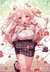  animal_ears blonde_hair breasts cleavage cleavage_cutout clothing_cutout commentary cow_ears cow_girl cow_horns cow_tail female food food_in_mouth highres horns indie_virtual_youtuber large_breasts long_hair long_sleeves macaron mata momose_miruru multicolored_hair pink_eyes pink_hair pink_nails solo standing standing_on_one_leg streaked_hair symbol-only_commentary tail virtual_youtuber 