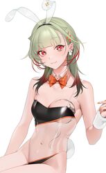  :3 animal_ears azur_lane bad_id bad_twitter_id bare_shoulders blunt_bangs blush bow bowtie breast_tattoo breasts cleavage closed_mouth collarbone commentary detached_collar ear_piercing earrings fake_animal_ears fake_tail female fingernails giuseppe_garibaldi_(azur_lane) gradient_hair green_hair highleg highleg_leotard highres jewelry leotard long_fingernails multicolored_hair nail_polish navel ohisashiburi orange_bow orange_bowtie orange_nails piercing rabbit_earrings rabbit_ears red_eyes red_hair see-through simple_background sitting smile solo stomach symbol-only_commentary tail tattoo white_background wrist_cuffs 