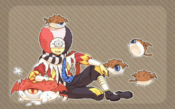  1boy afro beholder_(ragnarok_online) black_hair black_pants black_scarf blue_eyes blue_scarf brown_background coat commentary_request diagonal_stripes full_body looking_at_viewer male_focus mask minstrel_(ragnarok_online) monster nyt_(1-0-z) open_mouth pants polka_dot polka_dot_scarf ragnarok_online reclining red_coat red_eyes red_hair red_scarf scarf seeker_(ragnarok_online) smile striped_clothes striped_scarf white_hair white_scarf 