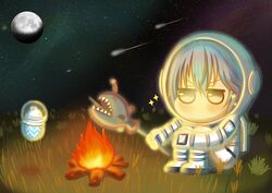  ^_^ absurdres ahoge anglerfish annoyed astronaut bad_id bad_twitter_id blue_hair campfire chibi closed_eyes colored_tips daifuku_(yukihana_lamy) female fish grass helmet highres holding holding_stick hololive moon multicolored_hair outer_wilds shooting_star sitting solo space space_helmet spacesuit stick streaked_hair tsukito_5555 v-shaped_eyebrows virtual_youtuber x_x yellow_eyes yukihana_lamy 