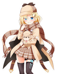  absurdres animal black_legwear blonde_hair blue_eyes blush bob_cut brown_cloak brown_coat brown_headwear brown_scarf brown_skirt bubba_(watson_amelia) canine cloak coat collared_shirt commentary cowboy_shot deerstalker english_commentary felutiahime female gear_hair_ornament grin hair_between_eyes hair_ornament hat highres holding holding_animal holding_dog hololive hololive_english holster looking_at_viewer miniskirt necktie plaid plaid_scarf plaid_skirt pleated_skirt red_necktie scarf shirt short_hair simple_background skirt smile syringe thigh_holster thigh_strap thighhighs thighs virtual_youtuber watson_amelia watson_amelia_(1st_costume) white_background white_shirt 