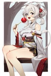  :d absurdres ahoge animal_ears asa_no_ha_(pattern) bare_legs bell black_nails blush breasts candy_apple commentary double_bun ear_piercing english_commentary female fingernails flower food grey_eyes grey_hair hair_between_eyes hair_bun hair_flower hair_ornament highres holding holding_food hololive japanese_clothes kimono lion_ears lion_girl lion_tail looking_at_viewer medium_breasts medium_hair nail_polish new_year obi oerba_yun_fang off_shoulder official_alternate_costume official_alternate_hair_length official_alternate_hairstyle open_mouth piercing sash sharp_fingernails shishiro_botan shishiro_botan_(new_year) short_kimono sitting sleeves_past_fingers sleeves_past_wrists smile solo tail thighs tostantan tree virtual_youtuber white_kimono wide_sleeves 