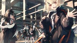  5girls ahoge animal_ears arknights bear_ears black_hair blonde_hair brown_hair commentary cuora_(arknights) earphones gummy_(arknights) hat haze_(arknights) highres istina_(arknights) jacket monocle multiple_girls necktie no_tail school_uniform skade symbol-only_commentary waving white_hair witch_hat zima_(arknights) 