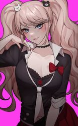  bad_id bad_twitter_id bamme_o3o bear_hair_ornament black_choker black_necktie black_shirt blue_eyes bow bra breasts choker cleavage collarbone commentary_request cowboy_shot danganronpa:_trigger_happy_havoc danganronpa_(series) enoshima_junko female hair_ornament hand_up highres korean_commentary large_breasts long_hair nail_polish necktie pink_background pleated_skirt red_bow red_nails red_skirt shirt simple_background skirt smile solo teeth twintails underwear white_necktie 