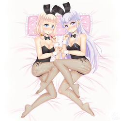  2girls absurdres animal_ears bed black_bow black_bowtie black_leotard blonde_hair blue_eyes bow bowtie commentary_request detached_collar fake_animal_ears fishnet_pantyhose fishnets hair_down highres holding_hands leotard long_hair looking_at_viewer low_twintails lying multiple_girls new_game! on_side pantyhose pillow playboy_bunny purple_eyes purple_hair rabbit_ears rabbit_tail sainohikari sakura_nene strapless strapless_leotard suzukaze_aoba tail twintails wrist_cuffs yuri 