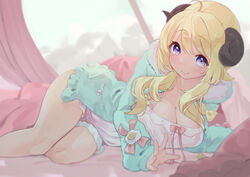  ahoge animal_ears babydoll bed_sheet blonde_hair bow breasts cleavage curled_horns feet_out_of_frame female frilled_jacket frills green_jacket highres hololive horns jacket large_breasts long_hair long_sleeves looking_at_viewer lying mochiyuki_(gigfor1) nightgown official_alternate_costume official_alternate_hairstyle on_side open_clothes open_jacket outstretched_hand purple_eyes sheep_ears sheep_girl sheep_horns sidelocks smile solo spaghetti_strap thigh_strap tsunomaki_watame tsunomaki_watame_(loungewear) virtual_youtuber yellow_bow 