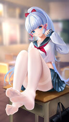  bag blue_eyes blue_hair blue_nails blue_sailor_collar blue_skirt blunt_bangs blurry blurry_background classroom closed_mouth crop_top desk feet female fingernails foot_focus foreshortening full_body genshin_impact hair_ribbon highres indoors kamisato_ayaka liu_liaoliao long_hair long_sleeves looking_at_viewer miniskirt mole mole_under_eye neckerchief no_shoes on_desk pantyhose ponytail presenting_foot red_neckerchief red_ribbon revision ribbon sailor_collar school_uniform serafuku shirt signature sitting skirt sleeves_past_wrists soles solo toes very_long_hair white_pantyhose white_shirt 