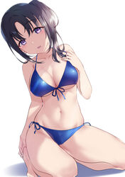  ankle_grab bad_feet bare_legs barefoot bikini black_hair blue_bikini breasts cleavage collarbone commentary female front-tie_bikini_top front-tie_top halterneck hand_on_own_shoulder head_tilt highres kazuno_sarah kneeling looking_at_viewer love_live! love_live!_sunshine!! medium_breasts navel open_mouth purple_eyes side-tie_bikini_bottom side_ponytail sidelocks simple_background sitting solo string_bikini swimsuit thighs white_background yamaori_(yamaorimon) 