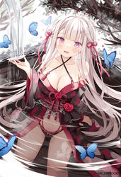  black_panties blue_butterfly bra breasts bug butterfly cleavage female frilled_panties frills hair_ornament hair_ribbon hand_up hoshino_koucha japanese_clothes kimono large_breasts long_hair original panties partially_submerged ribbon smile underwear very_long_hair water waterfall 