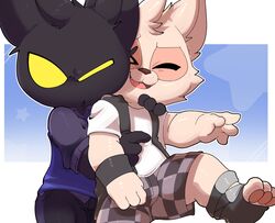  anthro armband black_body black_fur bottomwear checkered checkered_clothing closed_eyes clothing cute_fangs digital_media_(artwork) duo eye_markings feet footwear fur geometric_background glare head_tuft hi_res hug hugging_another hugging_from_behind jacket jacket_vest league_of_legends looking_at_viewer male male/male male_anthro markings mouthless one_eye_closed pattern_clothing pawpads polo_shirt riot_games shirt short short_anthro short_male shorts simple_background smile smite_(artist) tan_body tan_fur teemo_(lol) tencent toes topwear tuft veigar vest yordle 