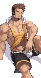  1boy abs absurdres alternate_costume bad_id bad_pixiv_id bara bare_pectorals bare_shoulders black_shorts blue_eyes brown_hair bulge casual collarbone cropped_hoodie cross_scar crotchless_shorts facial_hair fate/grand_order fate_(series) goatee head_tilt highres hood hoodie jockstrap knee_up large_pectorals long_sideburns looking_at_viewer male_focus male_underwear midriff muscular muscular_male napoleon_bonaparte_(fate) navel nipple_piercing nipples orange_hoodie orange_tank_top pectorals piercing revealing_clothes scar scar_on_chest short_hair shorts sideburns socks solo stomach tank_top tekkowang underwear white_male_underwear white_socks 