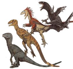  2023 ambiguous_gender claws deinonychus dinosaur dromaeosaurid extinct feathers feral hi_res jumping lineup mossa open_mouth prehistoric_species raptor_claws reptile scales scalie simple_background stripes theropod toe_claws tongue tongue_out white_background wings 