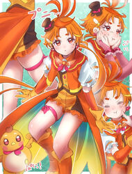  1boy bird boots bridal_gauntlets brooch commentary_request cure_butterfly cure_wing earrings female gloves hat highres hijiri_ageha hirogaru_sky!_precure jewelry magical_boy male_focus mini_hat mini_top_hat misago33695466 orange_eyes orange_gloves orange_hair orange_shorts parted_bangs precure puffy_short_sleeves puffy_sleeves short_sleeves shorts thigh_bow top_hat wing_brooch yuunagi_tsubasa yuunagi_tsubasa_(bird) 