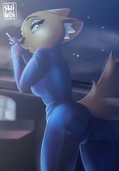  2020 anthro ass breasts canid canine clothed clothing cloud digital_media_(artwork) disney female fox fully_clothed fur green_eyes hi_res inner_ear_fluff looking_at_viewer looking_back mammal mtf_crossgender nick_wilde outside red_fox rin_tyan rule_63 shaded sky solo standing star true_fox tuft zootopia 