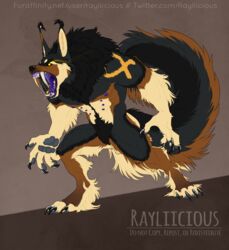  anthro artist_name bayzan black_body black_fur black_nose bodily_fluids brown_body brown_fur canid canine canis cheek_tuft domestic_dog ear_tuft facial_tuft featureless_crotch fox full-length_portrait fur german_shepherd grey_body grey_fur herding_dog hi_res hybrid lycanfolf male mammal markings multicolored_body multicolored_fur mythological_canine mythological_creature mythology pastoral_dog portrait purple_tongue rayliicious saliva saliva_string solo standing text tongue tuft url were werecanid werecanine werewolf yellow_body yellow_fur yellow_markings 