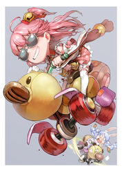  2girls ahoge animal_ears bandages bell carrot carrot_hair_ornament cherry_blossom_print floral_print food-themed_hair_ornament grey_background hair_bell hair_ornament hairclip highres hololive kousaku mario_(series) mario_kart mario_kart_8 multiple_girls pink_hair rabbit_ears rabbit_girl sakura_miko sakura_miko_(1st_costume) sunglasses tears teeth usada_pekora usada_pekora_(1st_costume) virtual_youtuber wild_wiggler x_hair_ornament 