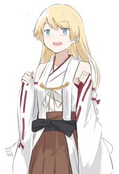  blonde_hair blue_eyes brown_hakama brown_skirt cosplay detached_sleeves female hakama hakama_short_skirt hakama_skirt hikashima_(shiofune) japanese_clothes jervis_(kancolle) kantai_collection kongou_(kancolle) kongou_(kancolle)_(cosplay) long_hair pleated_skirt ribbon-trimmed_sleeves ribbon_trim simple_background skirt solo touyama_nao voice_actor_connection white_background 