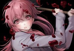  bamme_o3o black_background blood blood_on_clothes blood_on_face blurry blush commentary female gasai_yuno hair_between_eyes hair_ornament hand_up hands_up highres holding holding_weapon long_hair long_sleeves looking_at_viewer mirai_nikki pink_eyes pink_hair simple_background solo symbol-only_commentary teeth weapon 