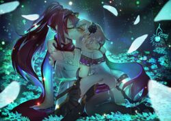  2girls alushe_anatolia blush cherry_in_the_sun closed_eyes commission couple flower hair_flower hair_ornament happy kissing liliana_sailfin long_hair multiple_girls night night_sky petals ponytail purple_hair red_hair short_hair skirt sky star_(sky) starry_sky thighs very_long_hair watermark yoru_no_nai_kuni yoru_no_nai_kuni_2 yuri 