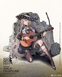  bad_link blue_eyes female fx-05_(girls&#039;_frontline) girls&#039;_frontline grey_hair guitar hat high_heels highres instrument long_hair long_sleeves looking_to_the_side miyazakisoul music official_art on_one_knee open_mouth pantyhose playing_instrument promotional_art solo sombrero torn_clothes torn_pantyhose 