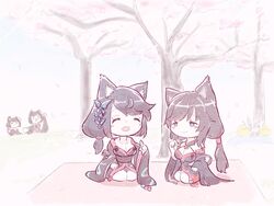  4girls :3 animal_ear_fluff animal_ears azur_lane black_hair black_kimono blue_eyes breasts cat_ears chibi cleavage closed_eyes commentary_request day detached_sleeves fusou_(azur_lane) fusou_(meta)_(azur_lane) himajin_(fd_jin) japanese_clothes kimono large_breasts long_hair manjuu_(azur_lane) multiple_girls open_mouth outdoors seiza short_hair sitting tree wide_sleeves yamashiro_(azur_lane) yamashiro_(meta)_(azur_lane) 