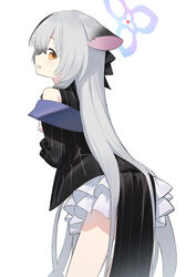  animal_ears black_dress black_hair black_ribbon blue_archive blush commentary dress female from_behind grey_hair hair_ribbon halo highres kokona_(blue_archive) long_hair long_sleeves looking_at_viewer looking_back multicolored_hair orange_eyes parted_lips pelvic_curtain ribbon simple_background solo striped_clothes striped_dress vertical-striped_clothes vertical-striped_dress very_long_hair wasabi60 white_background 