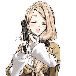  :d ^_^ athenawyrm blush bow brown_bow brown_capelet brown_hair capelet closed_eyes commentary english_commentary facing_viewer female fire_emblem fire_emblem:_three_houses garreg_mach_monastery_uniform gun hairbow handgun holding holding_gun holding_weapon long_hair long_sleeves mercedes_von_martritz open_mouth shirt simple_background smile solo upper_body weapon white_background white_shirt 