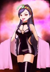  alt_text bodycon breasts chrono_cross corruption dark_persona dress female hairband highres long_hair looking_at_viewer open_mouth purple_hair riddel_(chrono_cross) short_dress smile solo thighhighs yami-mochi 