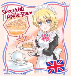  alternate_costume apple_pie apron arrow_(symbol) black_dress blonde_hair blue_eyes blush bow bowtie braid brooch cup darjeeling_(girls_und_panzer) dress english_text enmaided female food frilled_dress frills girls_und_panzer holding holding_food jewelry juliet_sleeves kuromori_yako long_sleeves looking_at_viewer maid maid_apron maid_headdress open_mouth pie plate puffy_sleeves red_bow saucer short_hair smile sparkle swept_bangs table teacup teapot union_jack 