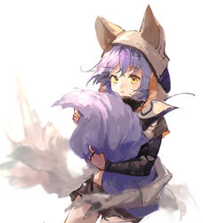  aged_down arknights black_jacket black_shorts cowboy_shot female highres holding_own_tail hugging_own_tail hugging_tail jacket looking_at_viewer official_alternate_costume parted_lips provence_(arknights) provence_(wasteland_walker)_(arknights) purple_hair qianzhu shorts simple_background solo tail white_background wolf_hood wolf_tail yellow_eyes 