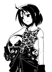  ahoge belt breasts camouflage camouflage_tank_top closed_mouth clothes_around_waist commentary_request female gloves greyscale helmet jacket jacket_around_waist justice_gakuen kazama_akira monochrome muu_(mumumer) short_hair simple_background solo tank_top white_background 